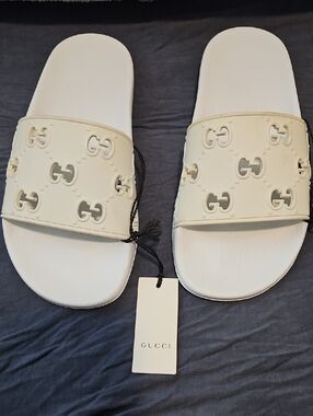 Gucci White Interlocking G Cutout Slide Sandals Sz 7 New